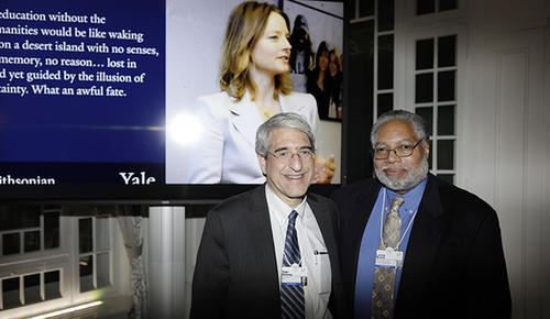 Yale President Peter Salovey and Lonnie G. Bunch III of the Smithsonian National Museum of African American History & Culture at the Davos reception hosted by the two institutions.